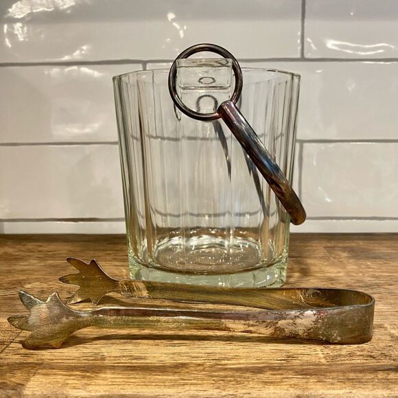Vintage Crystal & Silver Ice Bucket With Tongs Barware Set Mid Century Modern - Picture 4 of 4